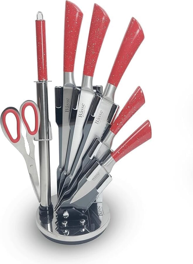 MJ Stainless Steel Kitchen Knife Set with Stand, 8 Pieces, Red Handles