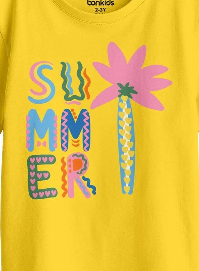Bonorganik Girl's Yellow 100% Cotton Printed Regular Fit T-Shirt