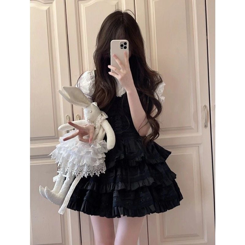 Korean Style Sweet Hot Girl Design Sense Suit Dress Lace Stitching Shirt Ruffled Waist Tight Tutu Skirt Slip Skirt Trendy Shirt Slip Skirt