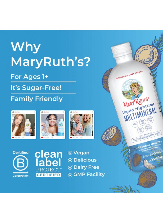 MaryRuth Organics Nighttime Liquid Multimineral Supplement | Sugar Free | Natural Sleep Support for Adults & Kids | Magnesium, Calcium & MSM | Coconut Flavor | Vegan | Gluten Free | 32 Servings
