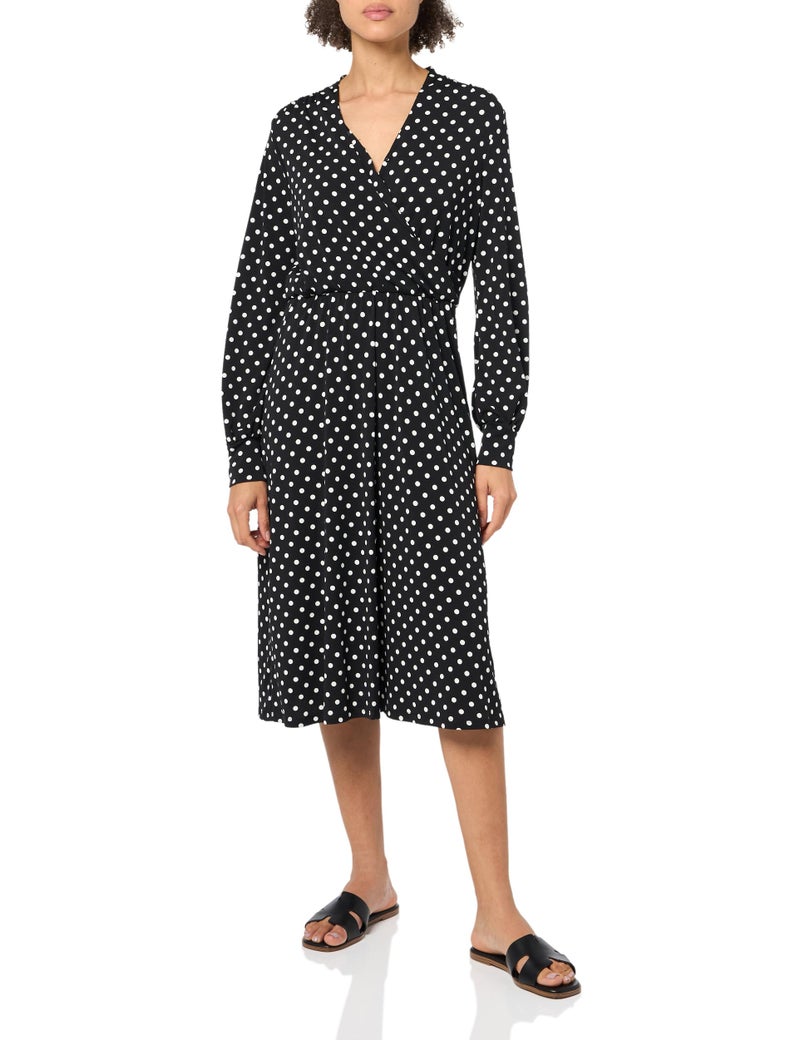 Adrianna Papell Women's Long Sleeve Wrap Midi Dress, Black/Ivory Medium Dot - Image 1