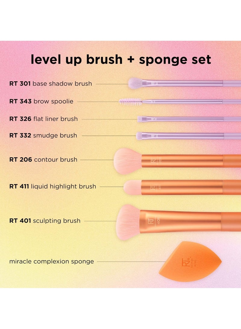 REAL TECHNIQUES Level Up Brush And Sponge Kit Makeup Brushes For Eyeshadow Foundation Blush And Bronzer Blending Sponge Professional Quality Tools Synthetic Bristles 8 Piece Set MultiColor - Image 4