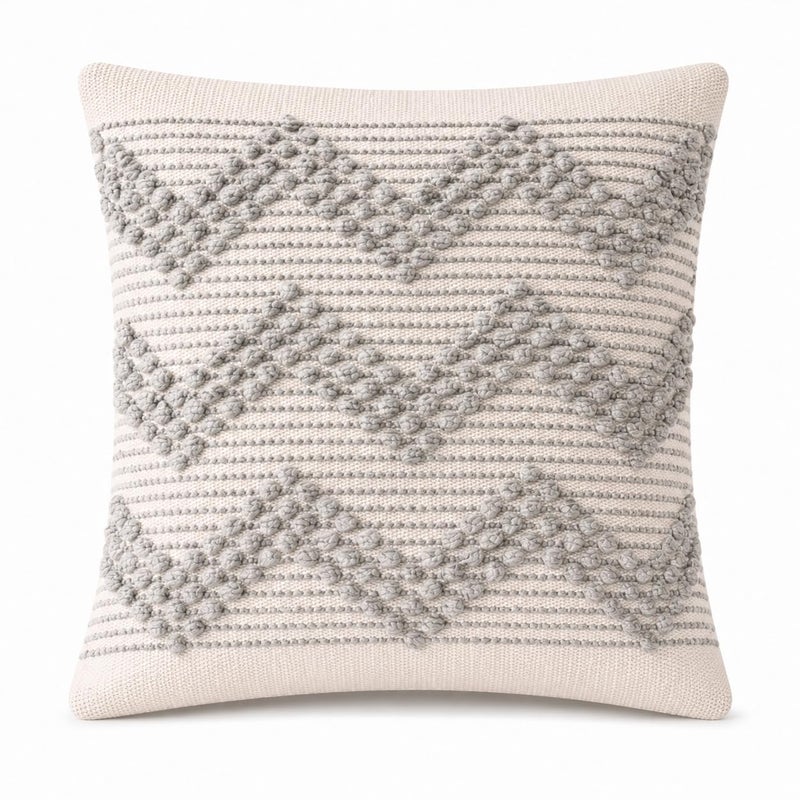 Boho Decorative Throw Pillow Cover, Tufted Geometric Design, Off White and Grey