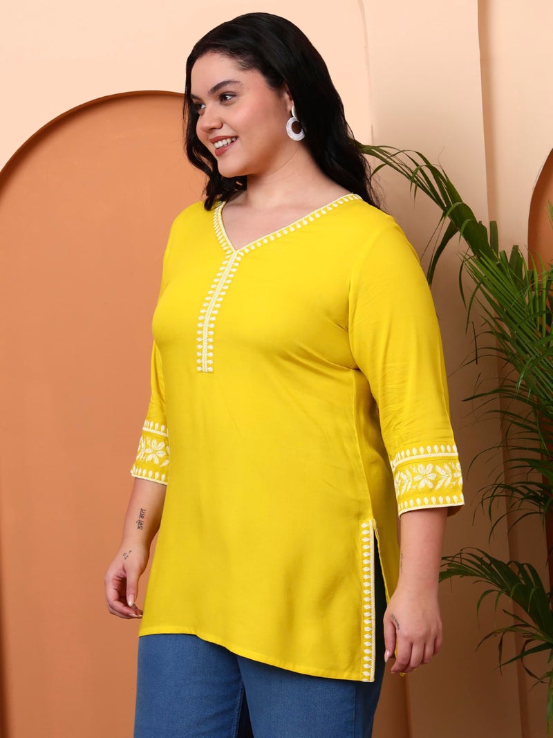 Yash Gallery Women’s Rayon Yellow Solid Short Kurti with Rubber Print 3/4 Sleeves & V-Neck – Stylish Casual Tunic Top with Side Slits & Smocked Back Detail for Ethnic Fusion Look - Image 3
