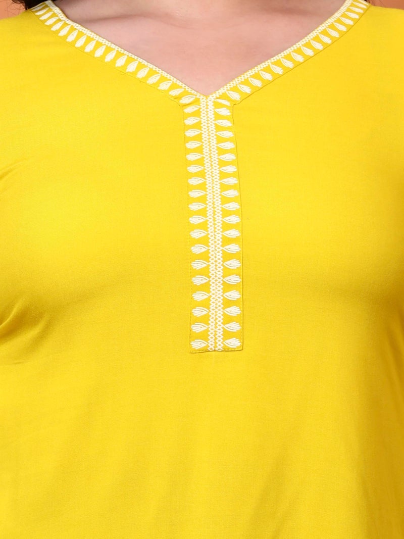 Yash Gallery Women’s Rayon Yellow Solid Short Kurti with Rubber Print 3/4 Sleeves & V-Neck – Stylish Casual Tunic Top with Side Slits & Smocked Back Detail for Ethnic Fusion Look - Image 4