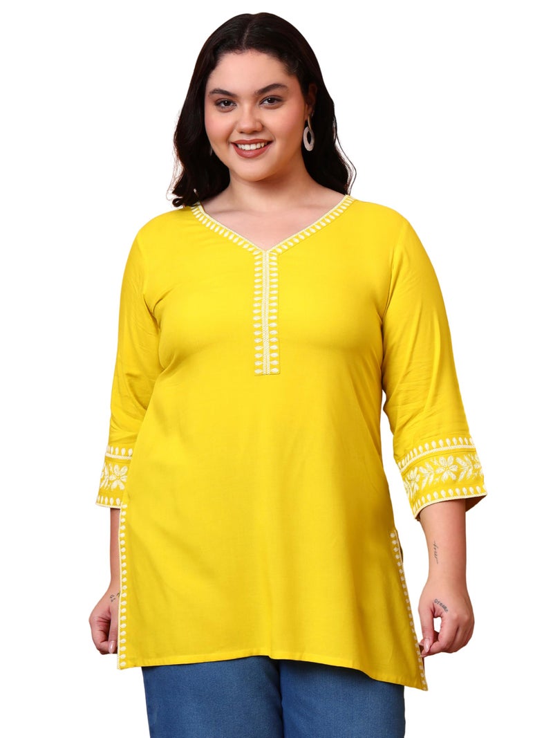 Yash Gallery Women’s Rayon Yellow Solid Short Kurti with Rubber Print 3/4 Sleeves & V-Neck – Stylish Casual Tunic Top with Side Slits & Smocked Back Detail for Ethnic Fusion Look - Image 1