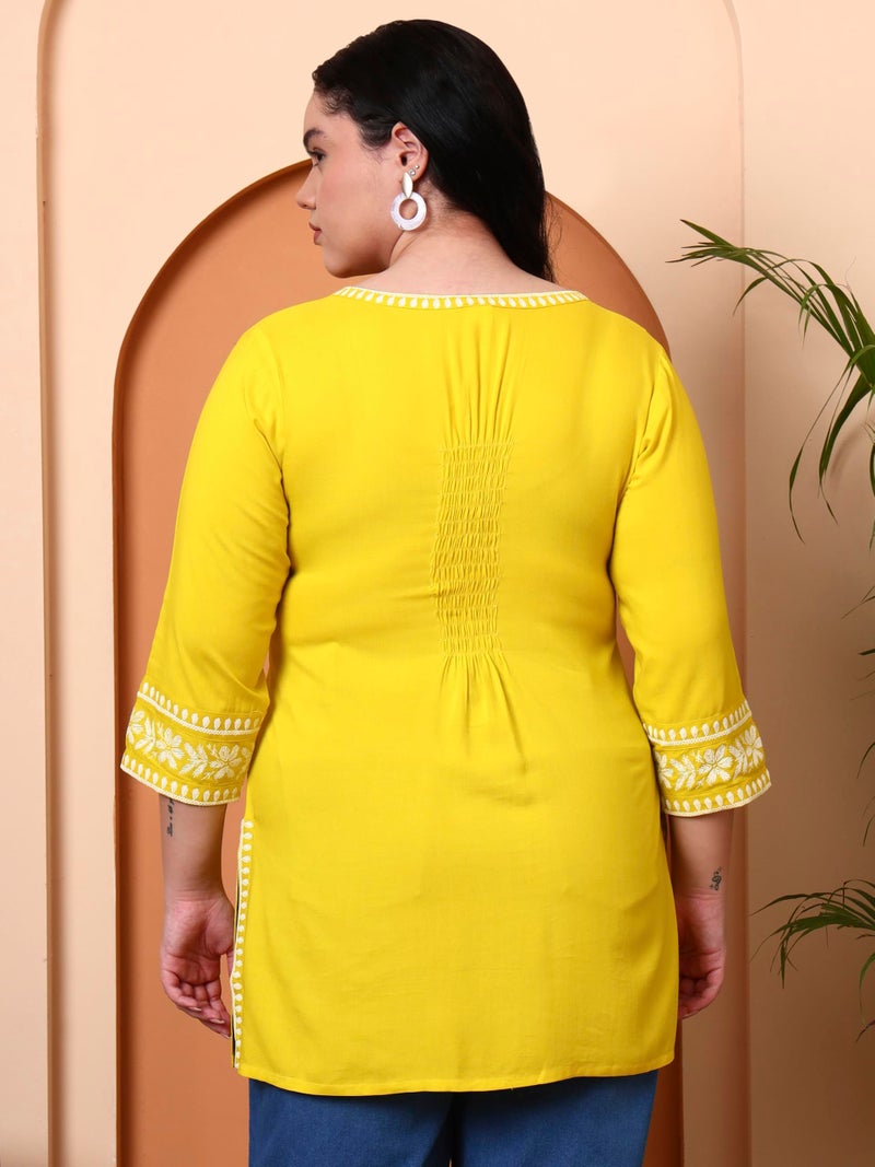 Yash Gallery Women’s Rayon Yellow Solid Short Kurti with Rubber Print 3/4 Sleeves & V-Neck – Stylish Casual Tunic Top with Side Slits & Smocked Back Detail for Ethnic Fusion Look - Image 5