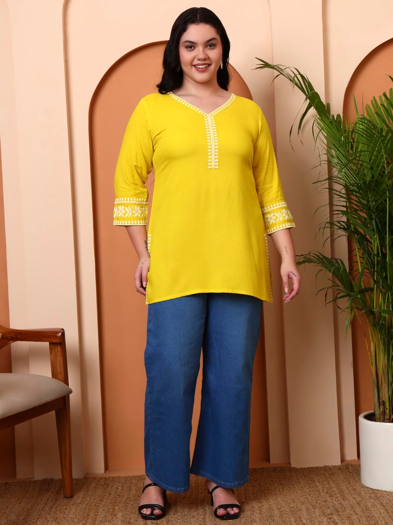 Yash Gallery Women’s Rayon Yellow Solid Short Kurti with Rubber Print 3/4 Sleeves & V-Neck – Stylish Casual Tunic Top with Side Slits & Smocked Back Detail for Ethnic Fusion Look - Image 2