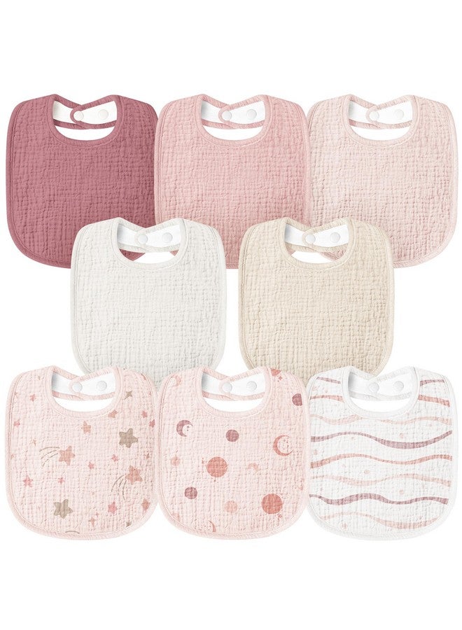 Susurration Muslin Baby Bibs 8 Pack Bandana Drool Bibs, Soft Square Adjustable Baby Drooling Bibs for Unisex Girls & Boys (Pink Print) - Image 1
