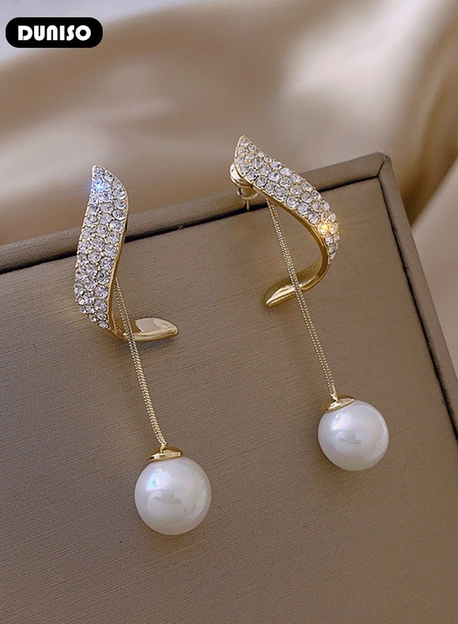 DUNISO Women's Pearl Hoop Earrings,Fashionable Lightweight Earrings,Full of diamond pearl Earrings,Simple Pearl Drop Earrings, Dainty Elegant French Stud Earrings, Hypoallergenic Pearl Earring for Women Girls - Image 3