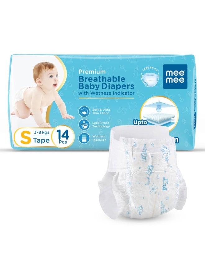 Mee Mee Premium Breathable Baby Diapers | Small Size Baby Taped Diapers | 14 PIECES | Skin Friendly, Super Absorbent, Cotton Soft with Wetness Indicator (Small, 14 PIECES)