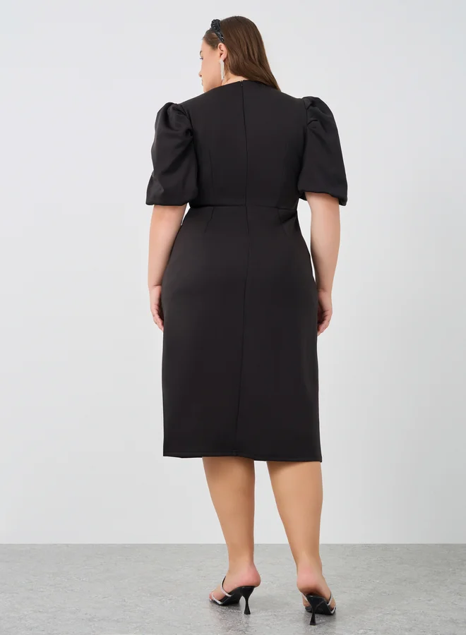Styli Plus Size Embellished Puff Sleeves Sheath Midi Dress
