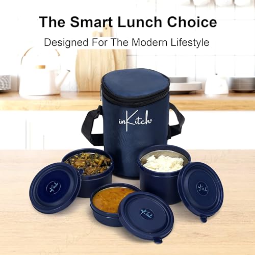 inKitch Microwave Safe Lunch Box Set with Bag, 3 Containers (250/400/500 ml), Blue | Outer Plastic & Inner Stainless Steel Tiffin Box | Leakproof Lunch Boxes - Image 4