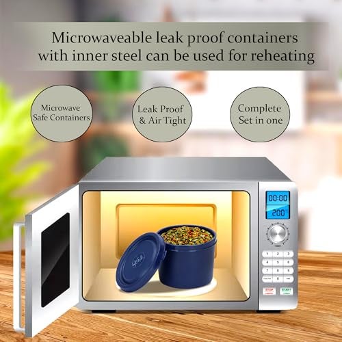 inKitch Microwave Safe Lunch Box Set with Bag, 3 Containers (250/400/500 ml), Blue | Outer Plastic & Inner Stainless Steel Tiffin Box | Leakproof Lunch Boxes - Image 2
