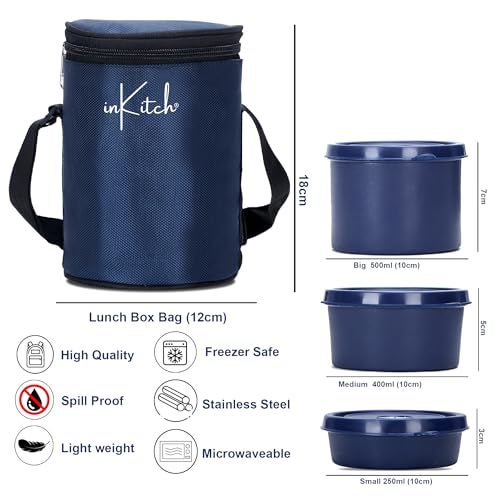 inKitch Microwave Safe Lunch Box Set with Bag, 3 Containers (250/400/500 ml), Blue | Outer Plastic & Inner Stainless Steel Tiffin Box | Leakproof Lunch Boxes - Image 5
