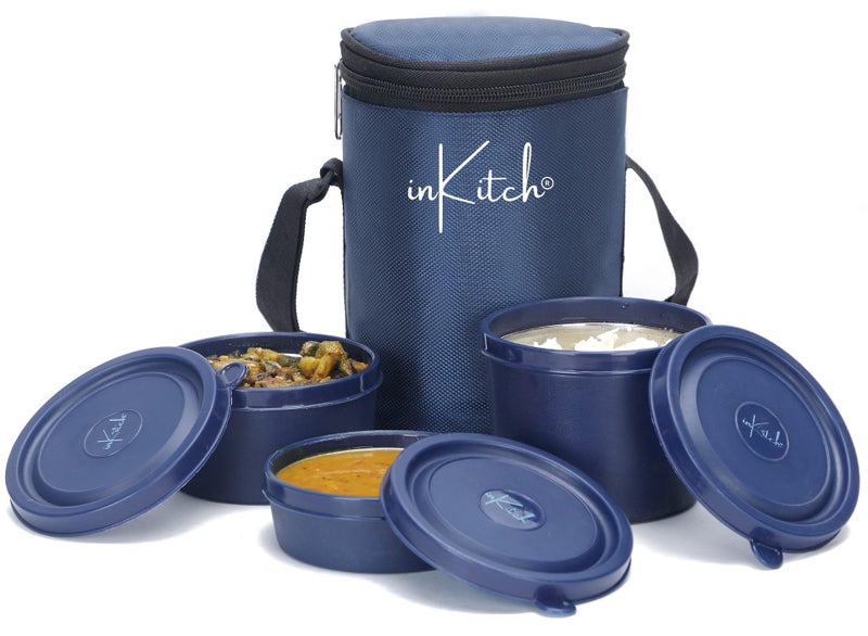 inKitch Microwave Safe Lunch Box Set with Bag, 3 Containers (250/400/500 ml), Blue | Outer Plastic & Inner Stainless Steel Tiffin Box | Leakproof Lunch Boxes - Image 1