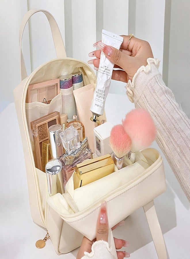 DROZIP Large Travel Makeup Organizer Cosmetic Bags for Women Portable PU Leather Travel Cosmetic Organizer Bag for Woman Makeup Bag for Travel Makeup Organizer Travel Cosmetic Organiser Bag (White) - Image 4