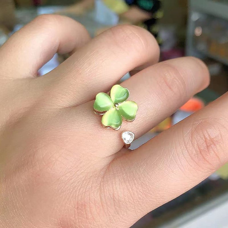 Izpack Green Four Leaf Clover Spinner Ring Cubic Zirconia Love Heart Cat Eye Stone Flower Stacking Adjustable Open Statement Relief Stress Fidget Finger Bands Wedding Rings Dainty Good Luck Jewelry for Women - Image 3