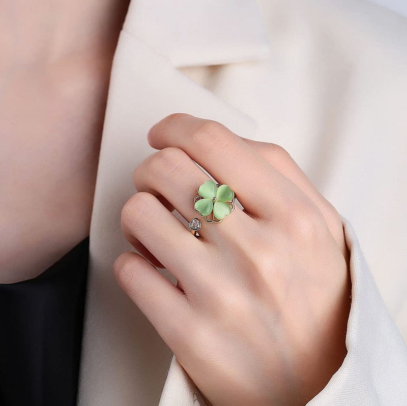 Izpack Green Four Leaf Clover Spinner Ring Cubic Zirconia Love Heart Cat Eye Stone Flower Stacking Adjustable Open Statement Relief Stress Fidget Finger Bands Wedding Rings Dainty Good Luck Jewelry for Women - Image 2
