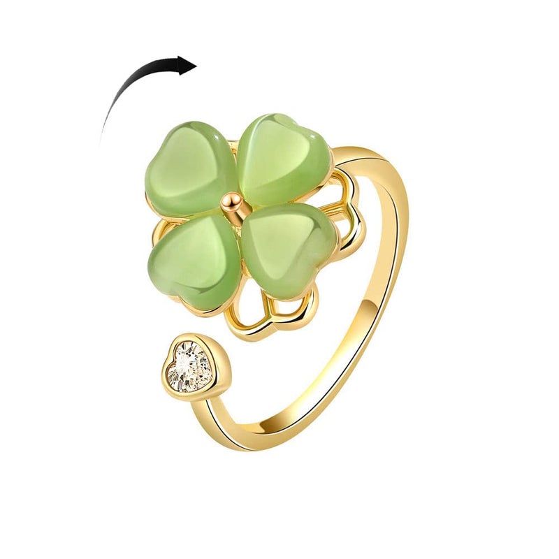Izpack Green Four Leaf Clover Spinner Ring Cubic Zirconia Love Heart Cat Eye Stone Flower Stacking Adjustable Open Statement Relief Stress Fidget Finger Bands Wedding Rings Dainty Good Luck Jewelry for Women - Image 1