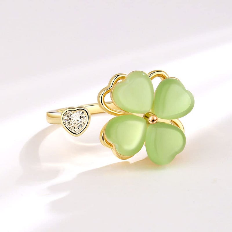 Izpack Green Four Leaf Clover Spinner Ring Cubic Zirconia Love Heart Cat Eye Stone Flower Stacking Adjustable Open Statement Relief Stress Fidget Finger Bands Wedding Rings Dainty Good Luck Jewelry for Women - Image 4