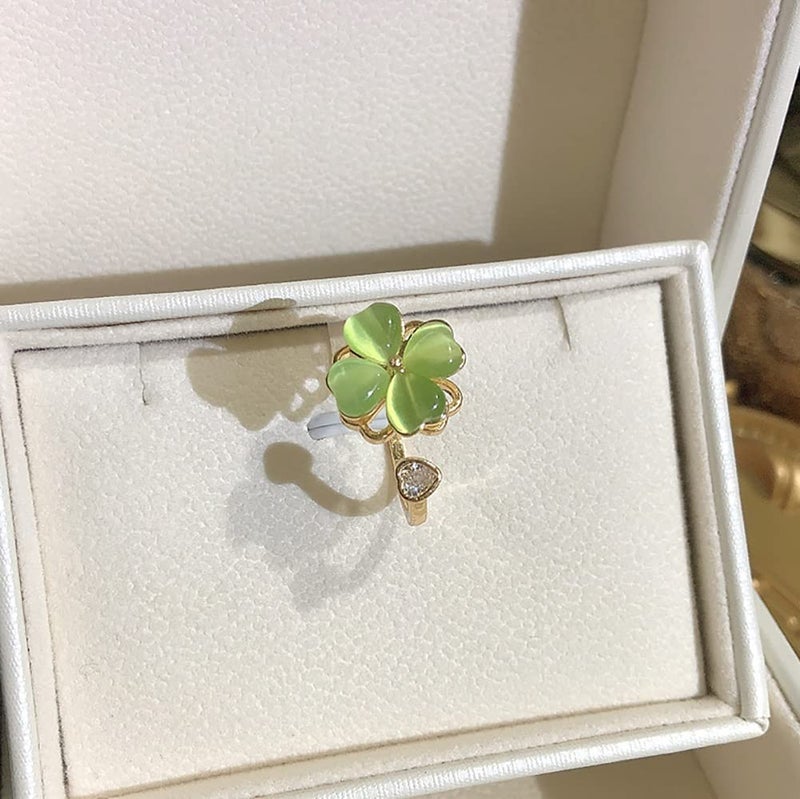 Izpack Green Four Leaf Clover Spinner Ring Cubic Zirconia Love Heart Cat Eye Stone Flower Stacking Adjustable Open Statement Relief Stress Fidget Finger Bands Wedding Rings Dainty Good Luck Jewelry for Women - Image 5