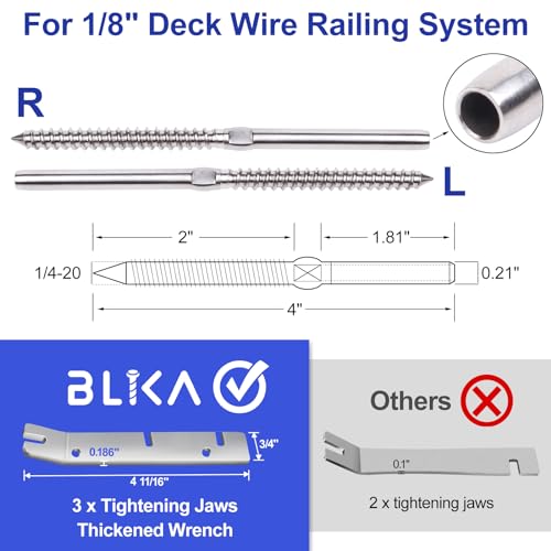 BLIKA 100 Pack T316 Stainless Steel Right&Left Handed Thread Swage Lag Screws for Wood Posts of 1/8" Deck Cable Railing Kit, Wire Railing Kit for Decks with Wrench, DIY Wood Baluster - Image 2