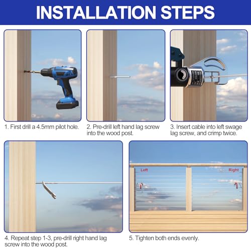 BLIKA 100 Pack T316 Stainless Steel Right&Left Handed Thread Swage Lag Screws for Wood Posts of 1/8" Deck Cable Railing Kit, Wire Railing Kit for Decks with Wrench, DIY Wood Baluster - Image 4