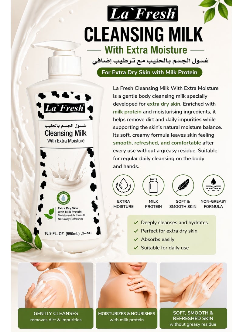 La Fresh Cleansing Milk With Extra Moisture 550ml, Moisturizing Body Cleanser with Milk Protein for Extra Dry Skin, Gentle Non-Greasy Daily Body & Hand Wash - Image 3