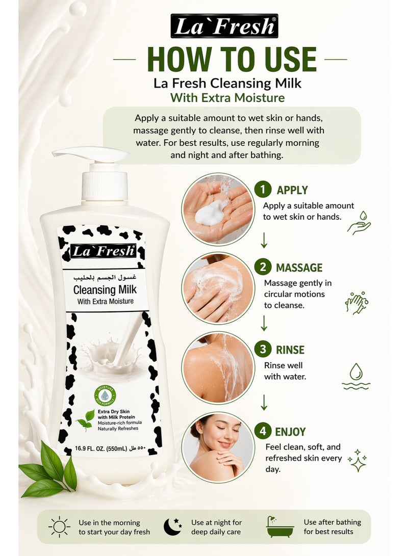 La Fresh Cleansing Milk With Extra Moisture 550ml, Moisturizing Body Cleanser with Milk Protein for Extra Dry Skin, Gentle Non-Greasy Daily Body & Hand Wash - Image 4