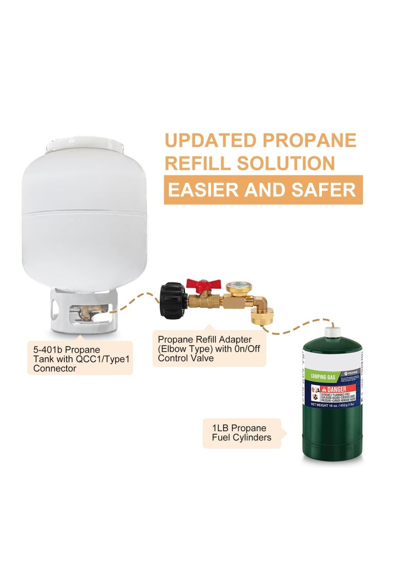 Propane Adapter 1lb to 20lb Fit for QCC1 Propane Refill Elbow Adapter with Gauge and ON-Off Control Valve for 1LB Propane