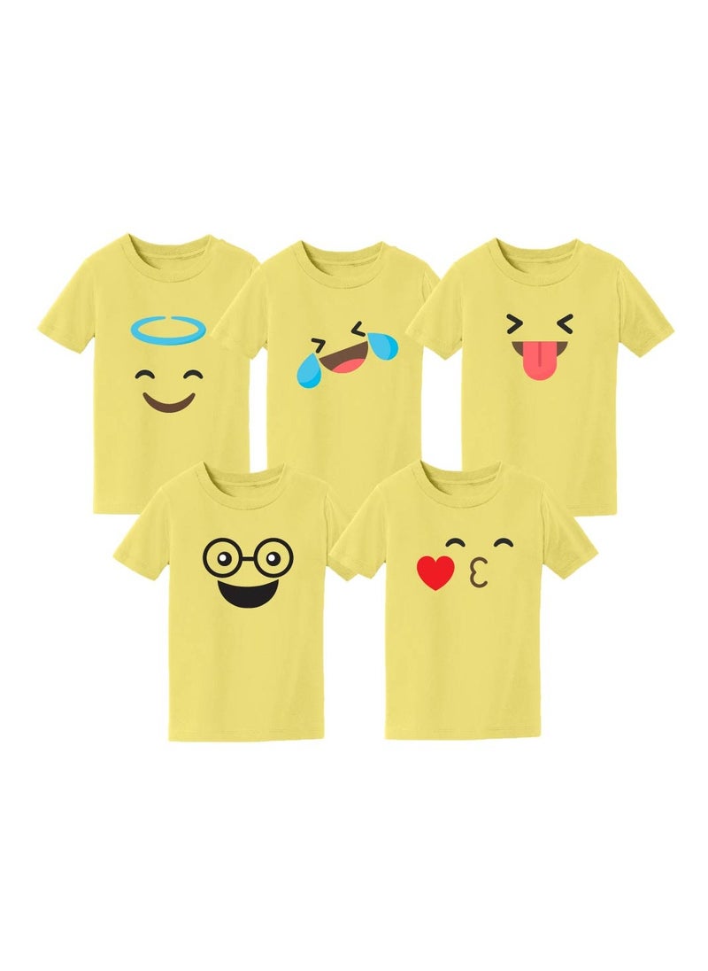 PRINTSHOP4ME - Pack of 5 Kids Yellow Smiley Face T-Shirts - Kids Unisex Round Neck Cotton Short Sleeve Tees - Soft and Comfortable Emoji T-Shirts for Kids - Image 1