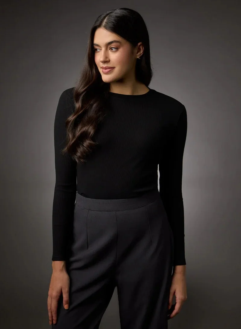 Zigzag Long Sleeve Round Neck Rib Top- Jet Black