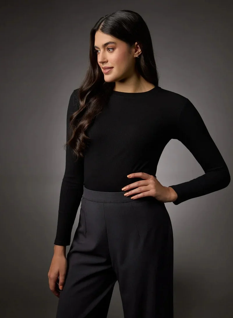 Zigzag Long Sleeve Round Neck Rib Top- Jet Black