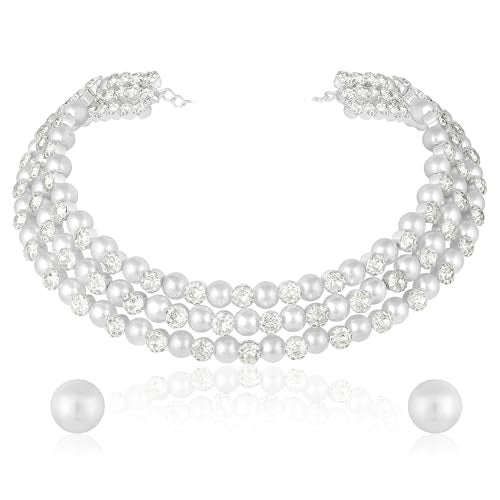 Peora Silver Plated Pearl & Crystal Studded Choker Necklace with Stud Earrings Fashion Jewellery Gift for Women & Girls - Image 1