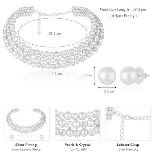 Peora Silver Plated Pearl & Crystal Studded Choker Necklace with Stud Earrings Fashion Jewellery Gift for Women & Girls - Image 4