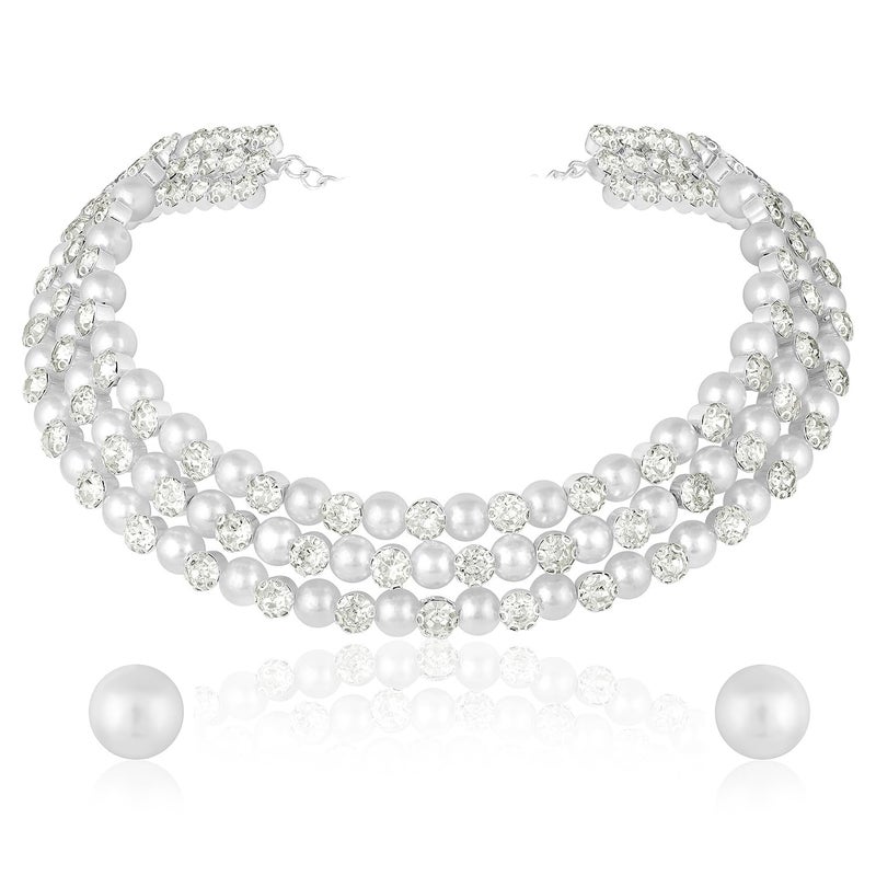 Peora Silver Plated Pearl & Crystal Studded Choker Necklace with Stud Earrings Fashion Jewellery Gift for Women & Girls - Image 3