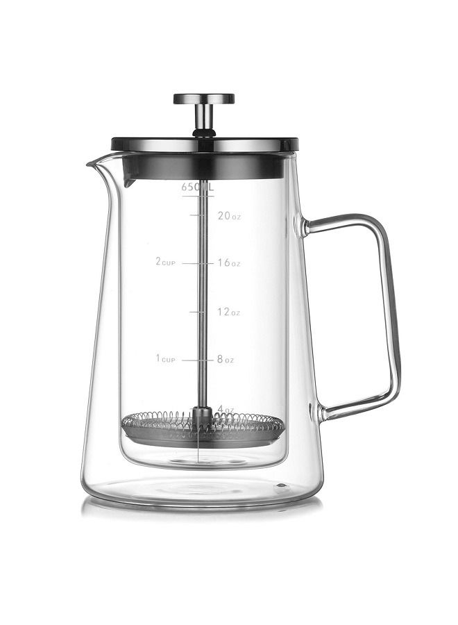Glass French Press Coffee Maker 650ML Double Wall Coffee Pot With Tick Mark Stainless Steel Filter  - Image 1