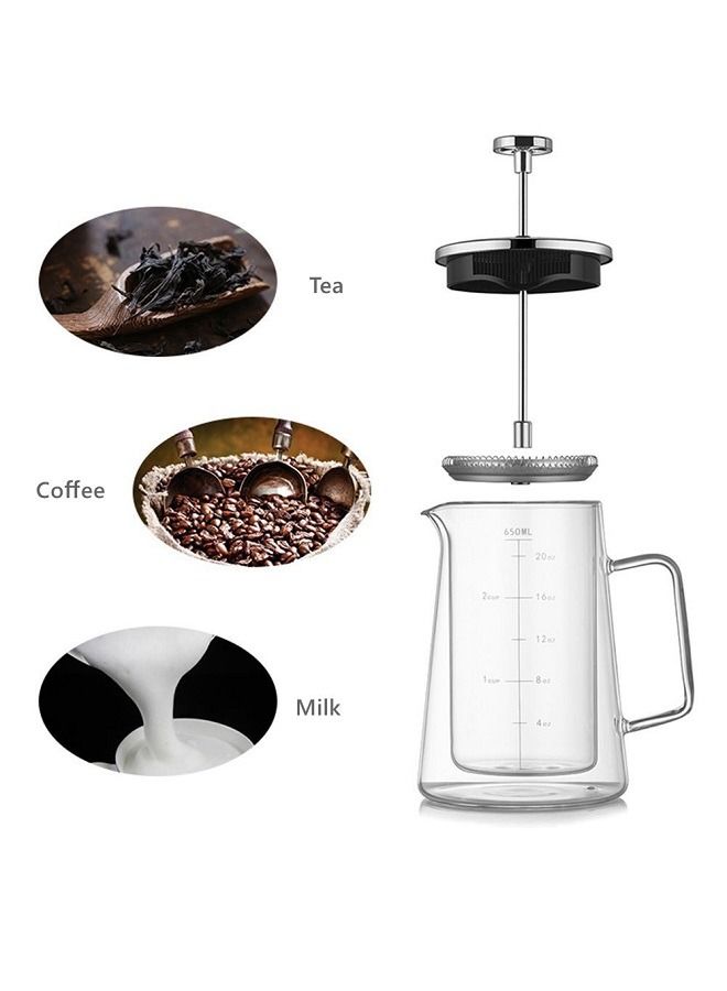 Glass French Press Coffee Maker 650ML Double Wall Coffee Pot With Tick Mark Stainless Steel Filter  - Image 5