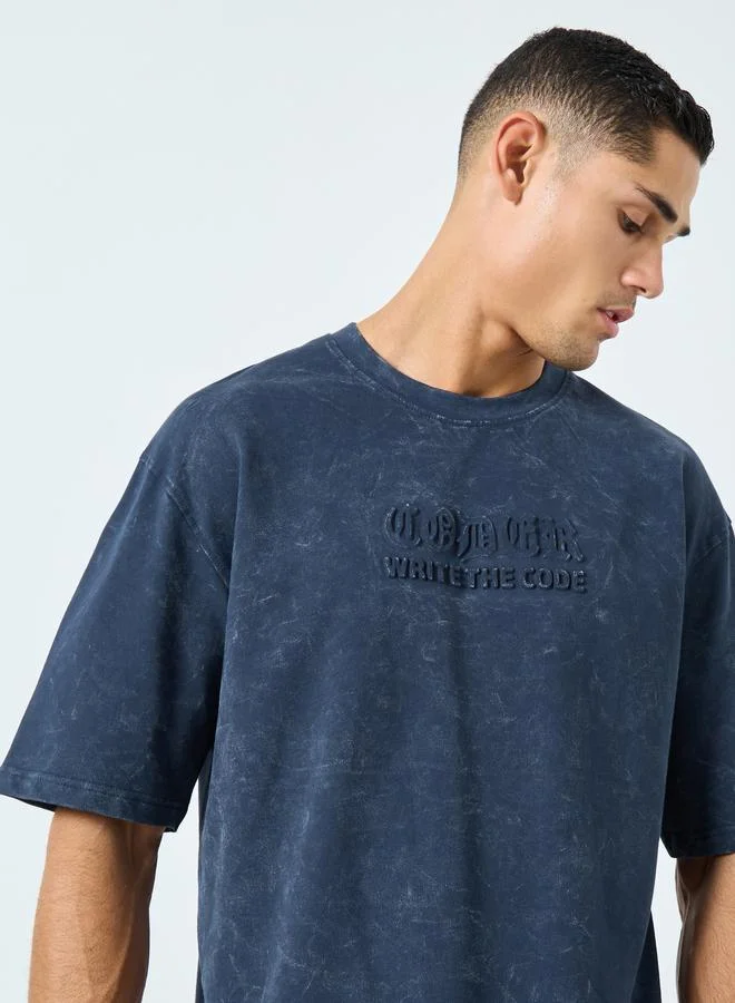 Styli Acid Wash Oversized Terry T-Shirt with Embossed Print