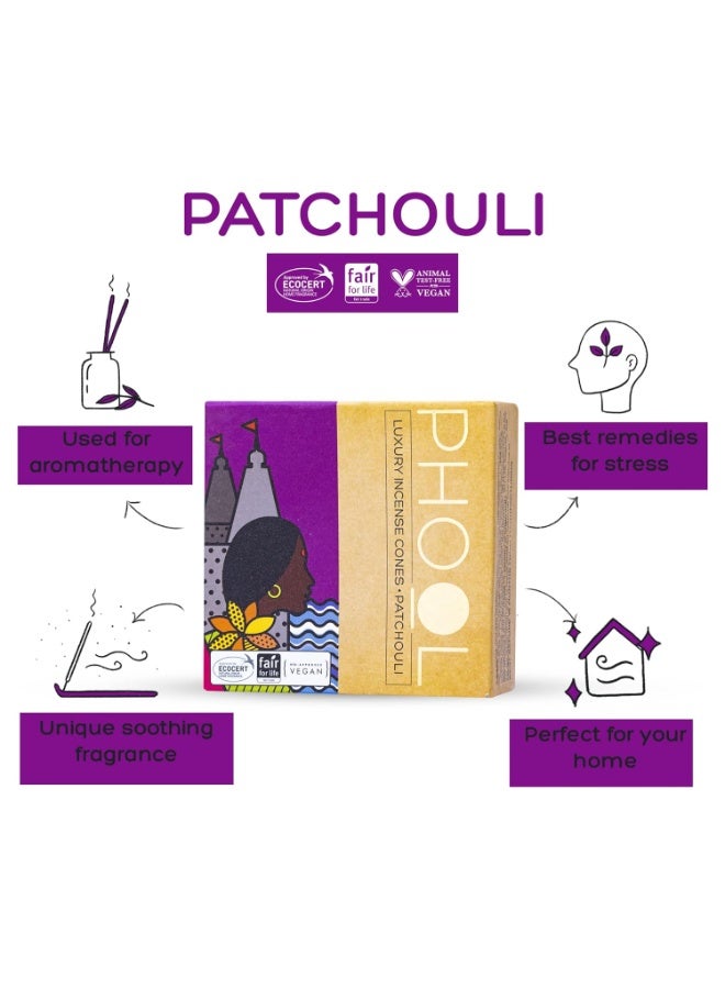 PHOOL LUXURY INCENSE عبوة من 2 مخروط بخور طبيعي، عبوة للتأمل - 80 مخروط بخور عضوي | روائح - ناغشامبا وباتشولي | مخروط بخور للبوجا | حامل بخور مجاني بالداخل - Image 4