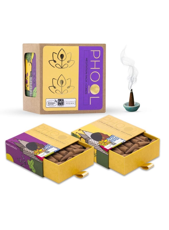 PHOOL LUXURY INCENSE عبوة من 2 مخروط بخور طبيعي، عبوة للتأمل - 80 مخروط بخور عضوي | روائح - ناغشامبا وباتشولي | مخروط بخور للبوجا | حامل بخور مجاني بالداخل - Image 1