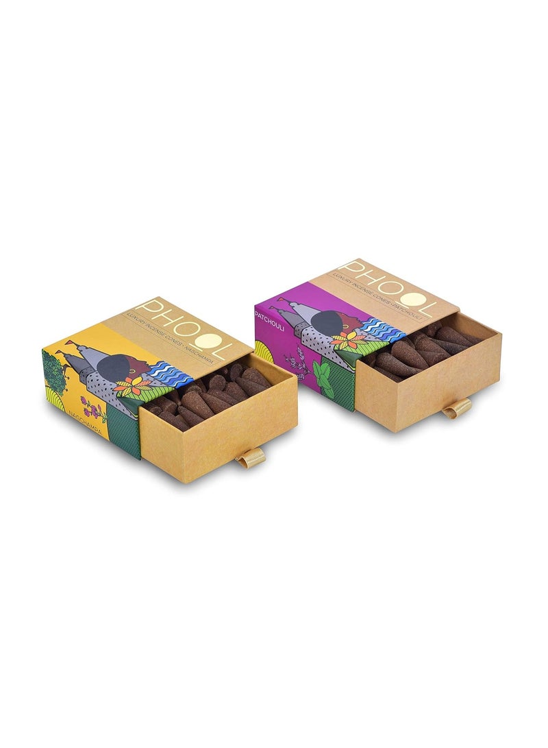 PHOOL LUXURY INCENSE عبوة من 2 مخروط بخور طبيعي، عبوة للتأمل - 80 مخروط بخور عضوي | روائح - ناغشامبا وباتشولي | مخروط بخور للبوجا | حامل بخور مجاني بالداخل - Image 5