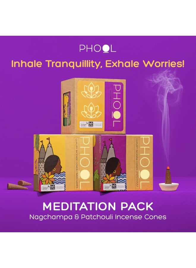 PHOOL LUXURY INCENSE عبوة من 2 مخروط بخور طبيعي، عبوة للتأمل - 80 مخروط بخور عضوي | روائح - ناغشامبا وباتشولي | مخروط بخور للبوجا | حامل بخور مجاني بالداخل - Image 2