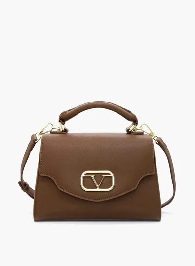 V Italia Solid Satchel Bag with Detachable Strap and Flap Closure