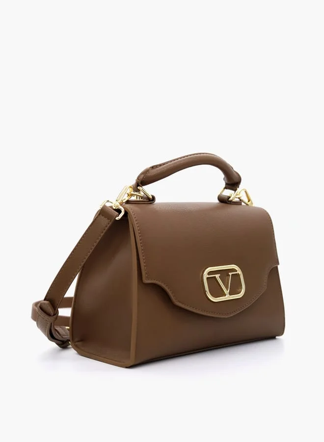 V إيطاليا Solid Satchel Bag with Detachable Strap and Flap Closure
