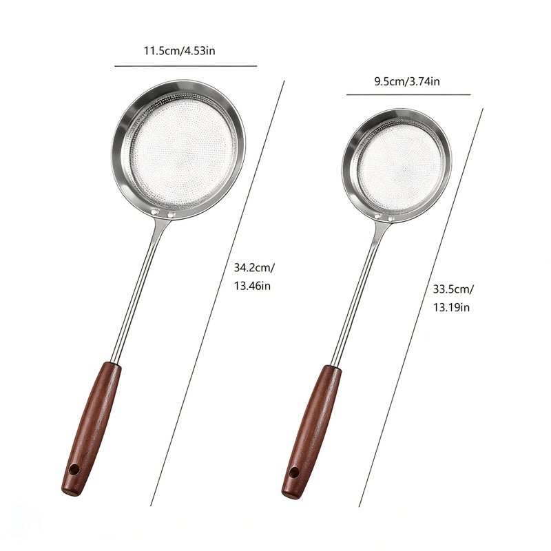 304 Stainless Steel Slotted Spoon With Wooden Handle 4 53 Inch Mesh Strainer Skimming Oil Grease Separator Flour Sifter For Kitchen Home Hotel Picnic Holiday Birthday Gift - Image 1