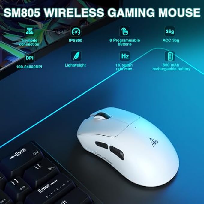 SOLAKAKA SM805 LIGHTWEIGHT WIRELESS GAMING MOUSE,24000 DPI,TRI-MODES CONNECTION,BT5.0/TYPE-C WIRED/2.4G WIRELESS MOUSE GAMING WITH 2 SIDE BUTTONS, ENGINEERING GRIP CUSTOM MOUSE FOR GAMER,WHITE - Image 2