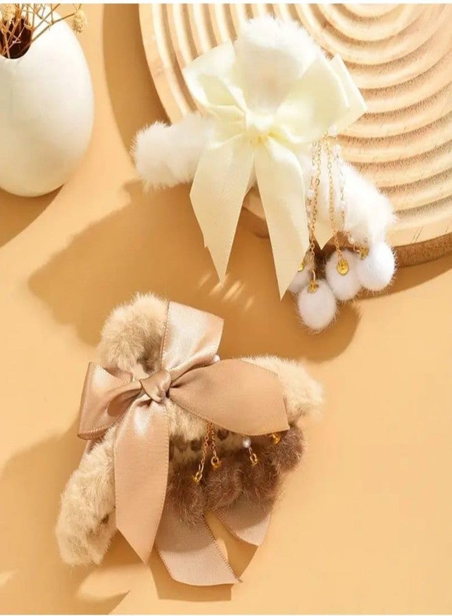 RHOSYN HAIR ACCESSORIES Korean Faux Fur Large Hair Claw Clip For Women & Girls Elegant Stain Bow Hair Clutcher Ponytail Holder Vintage Long Pearl Tassel Pk-2 (Beige & White Color) A - Image 1