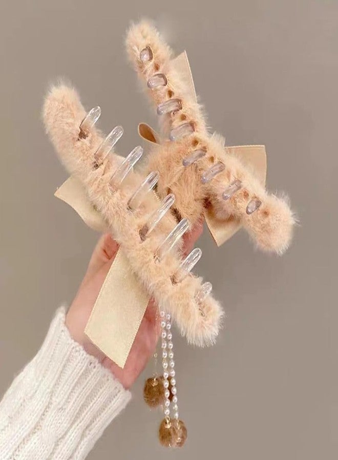 RHOSYN HAIR ACCESSORIES Korean Faux Fur Large Hair Claw Clip For Women & Girls Elegant Stain Bow Hair Clutcher Ponytail Holder Vintage Long Pearl Tassel Pk-2 (Beige & White Color) A - Image 3